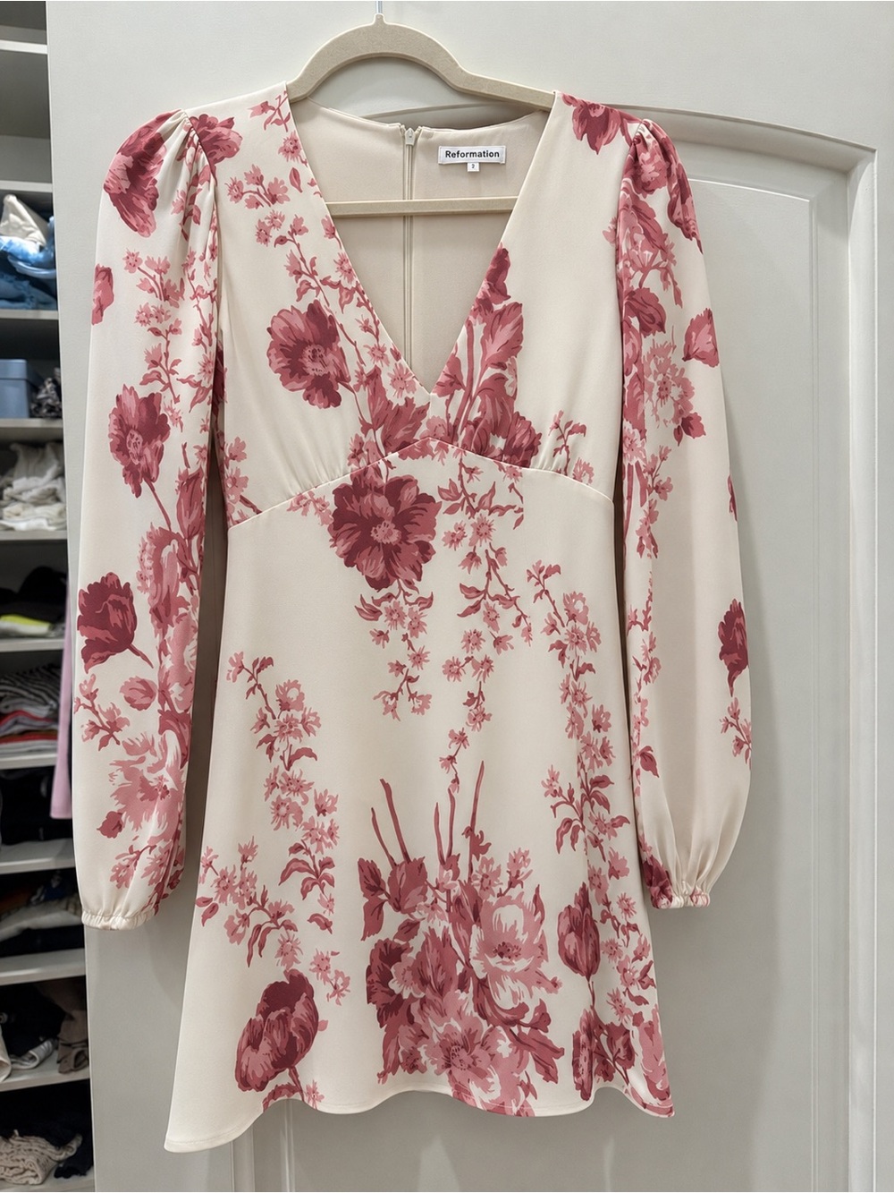 Reformation Cream Dress with Rose-Pink Floral Print, V-Neck Long Sleeve